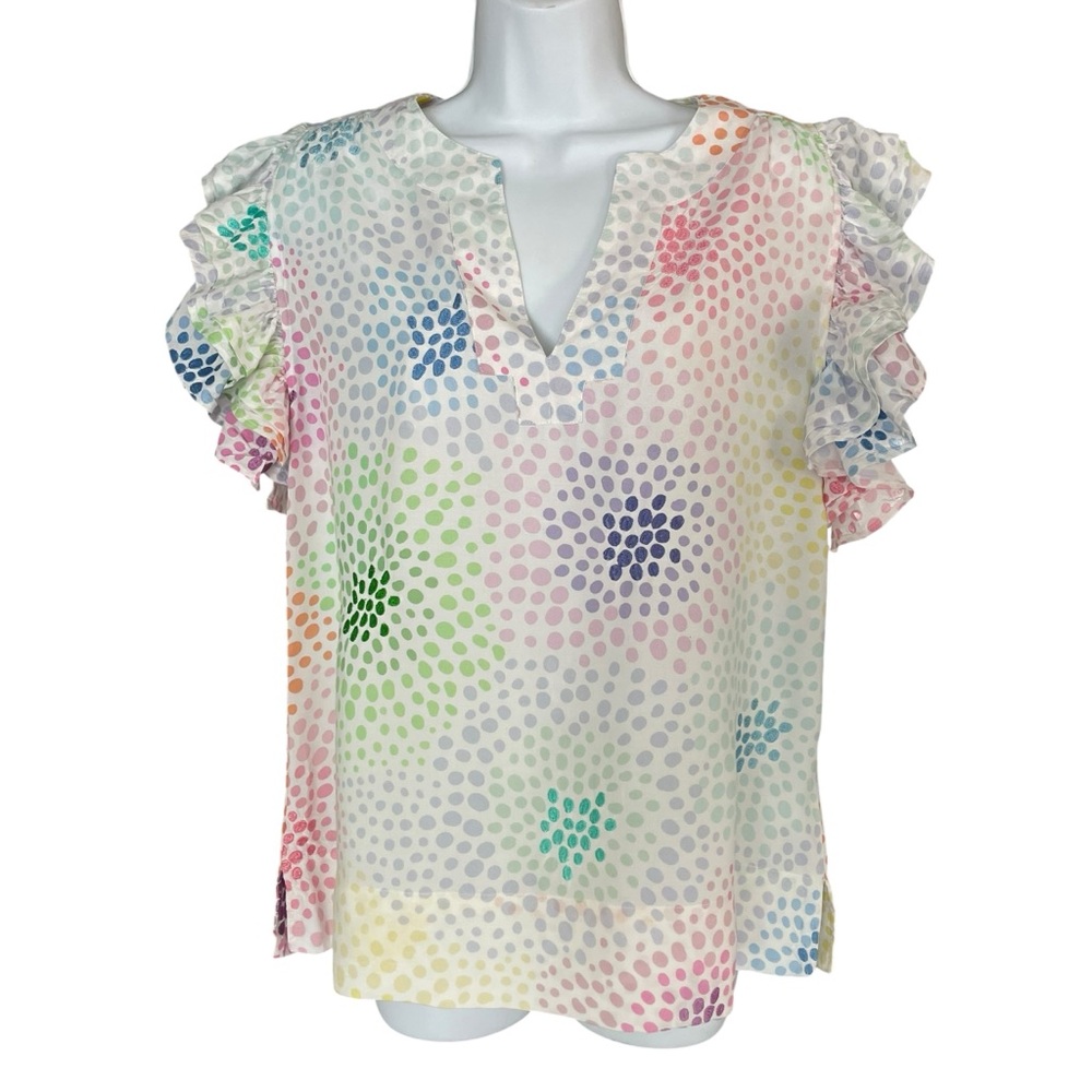 Emily McCarthy Proper Blouse Colorful Bubble Dot Embroidery Ruffle Sleeve Top XS